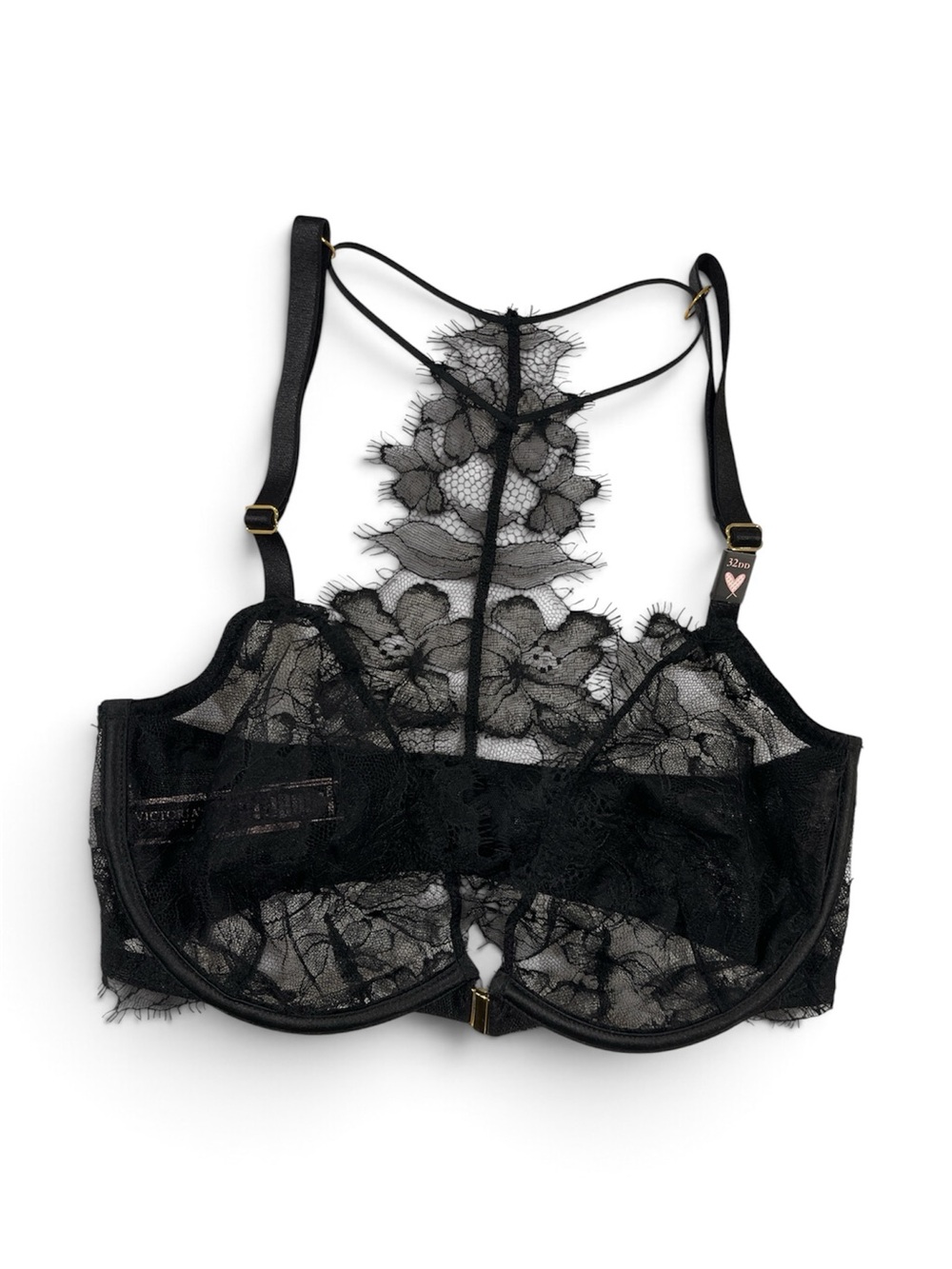 Victoria's Secret Black Floral Lace Front Closure Low Cut Demi Bra | 32DD | NWT